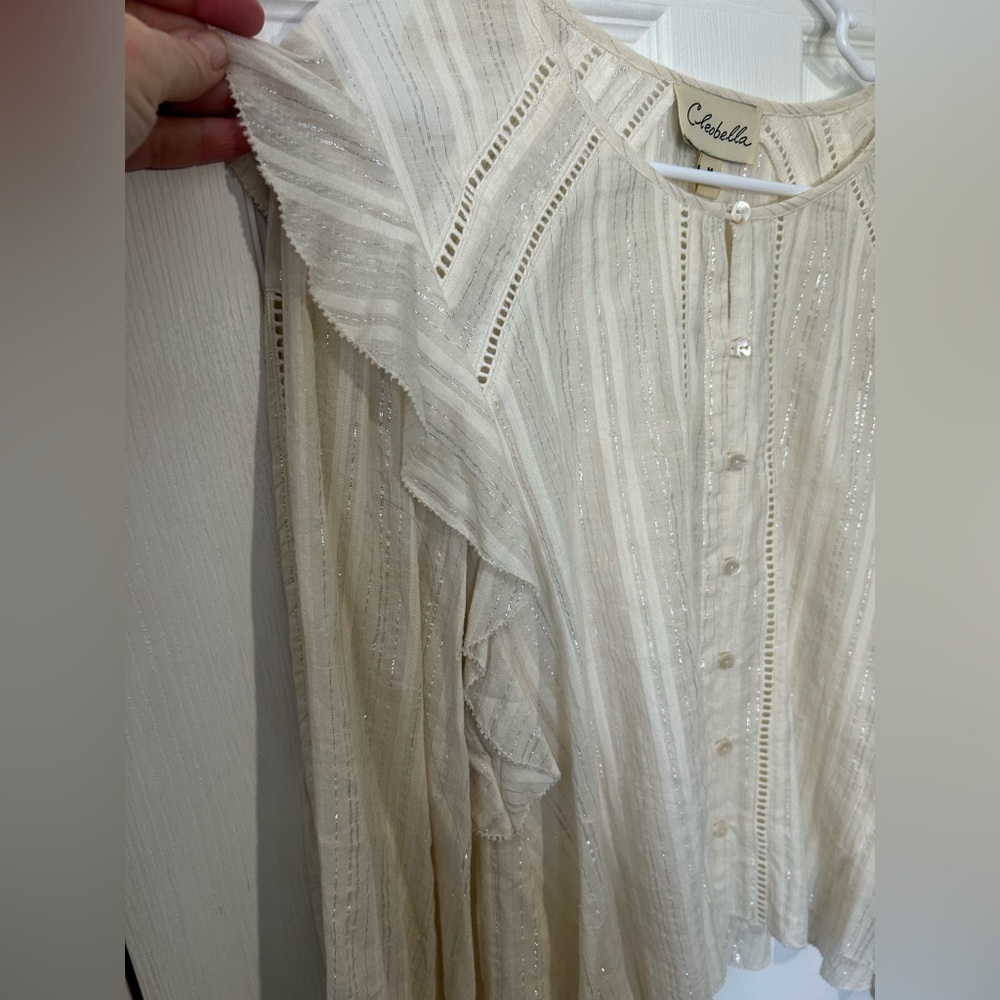 Cleobella Cream Top with metallic stripes  Size M. Ruffle detail at shoulders. - Picture 5 of 11